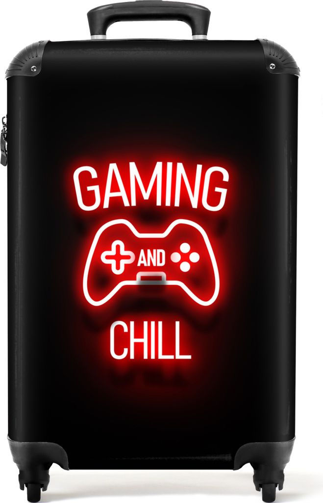 NoBoringSuitcases.com Koffer Handgepäck Trolley Rollkoffer Kleine Reisekoffer mit 4 Rollen - Gaming - Zitate - Gaming und Chillen - Neon - Rot -...