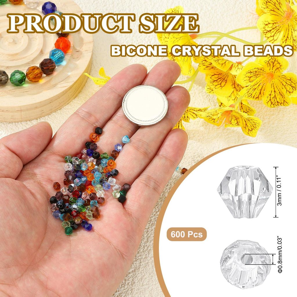 3mm Bicone Crystal Beads, 600 Stk. Glas facettierte Bicone-Perlen lose Spacer-Perle fš¹r die Schmuckherstellung Armband Halskette Ohrringe, Trans...