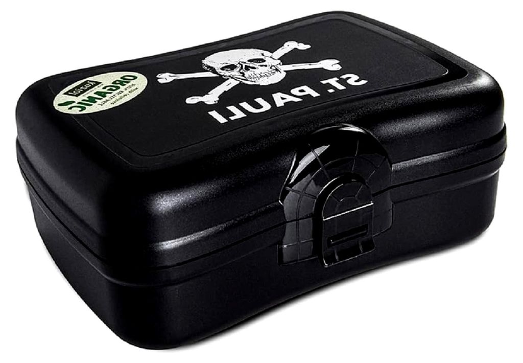 Brotdose mit Totenkopf und Aufkleber