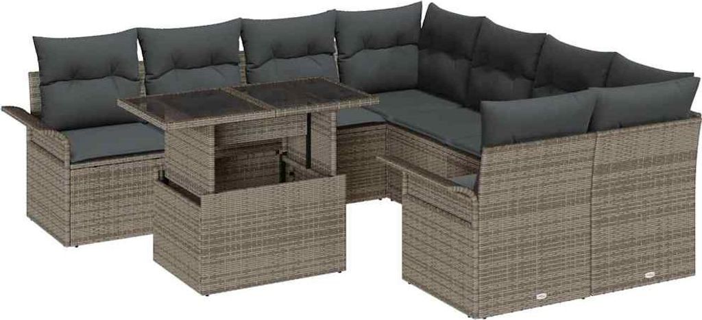 Gartensofa-set mit Kissen 9 pcs Grau Poly-Rattan