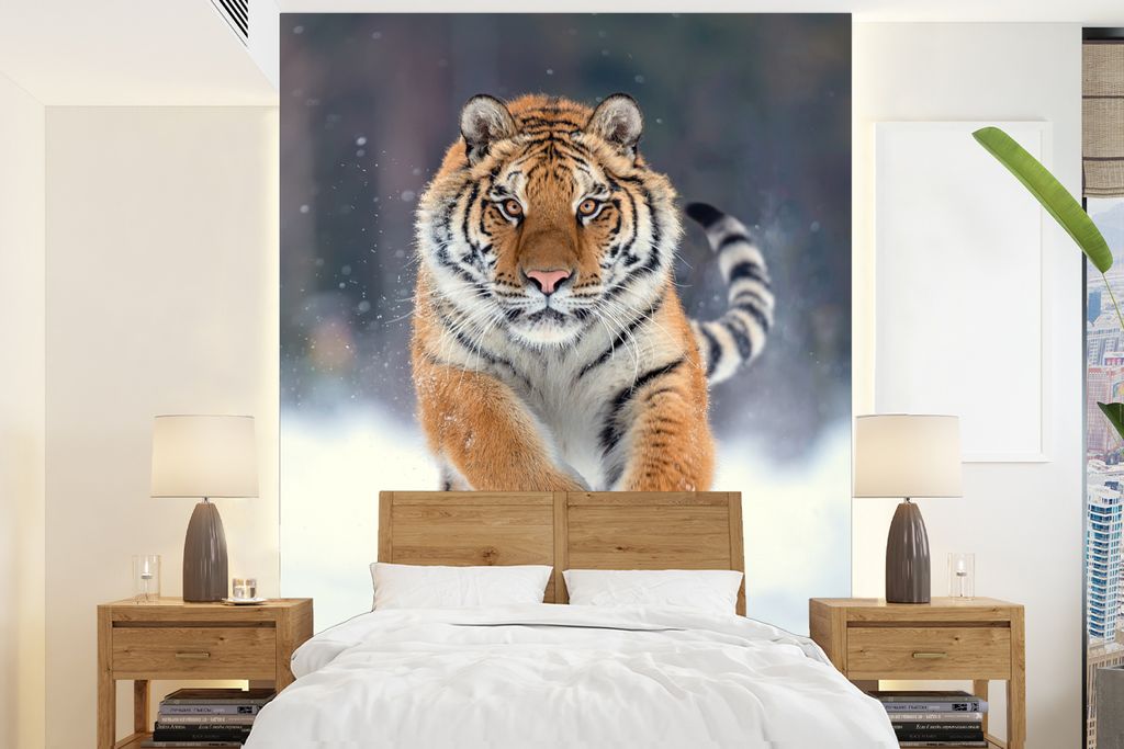 MuchoWow Fototapete für Wohnzimmer oder Schlafzimmer Wandtapete Vinyl Motivtapete Tiger - Landschaft - Schnee - Tiere - 205x280 cm - Wandbild