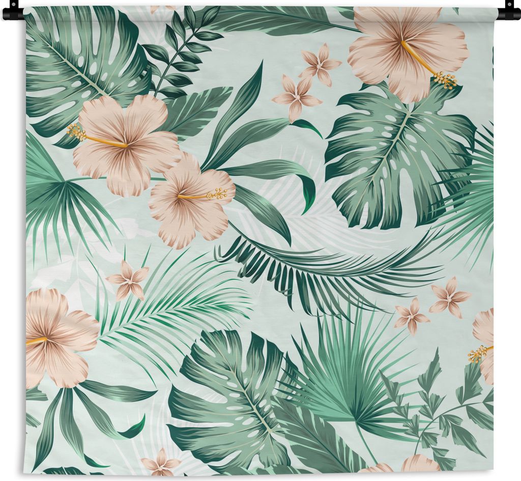 MuchoWow Wandteppich Wandbehang Blumen - Hibiskus - Monstera - Muster 120x120 cm Tapisserie Dekoration Wandtuch - Modern - Baumwollgewebe