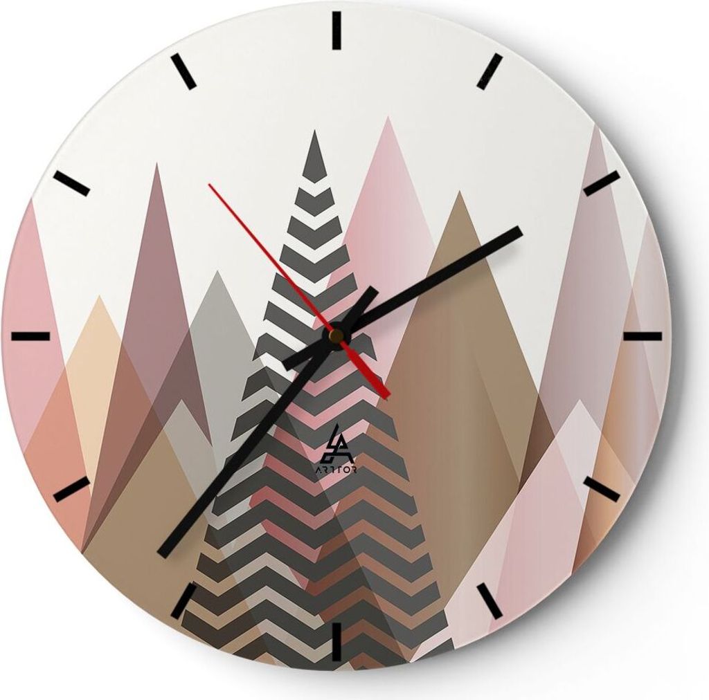 Wanduhr - Rund - Glasuhr - Berge Dreiecke Abstraktion - 30x30cm - Schleichendes Uhrwerk - Lautlos - zum Aufhängen bereit - Dekoration Modern - Wan...