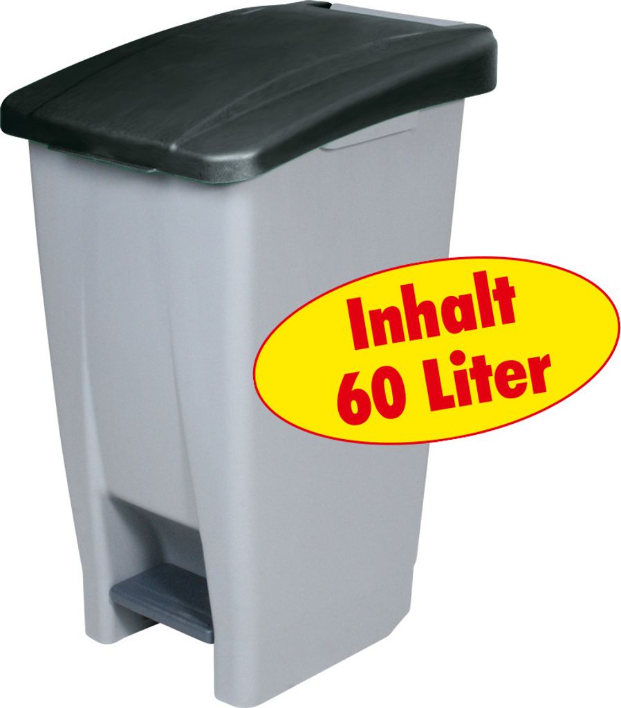 Tretabfalleimer mit Rollen, 60 Liter, HxBxT 700 x 380 x 490 mm, Korpus grau, Deckel schwarz
