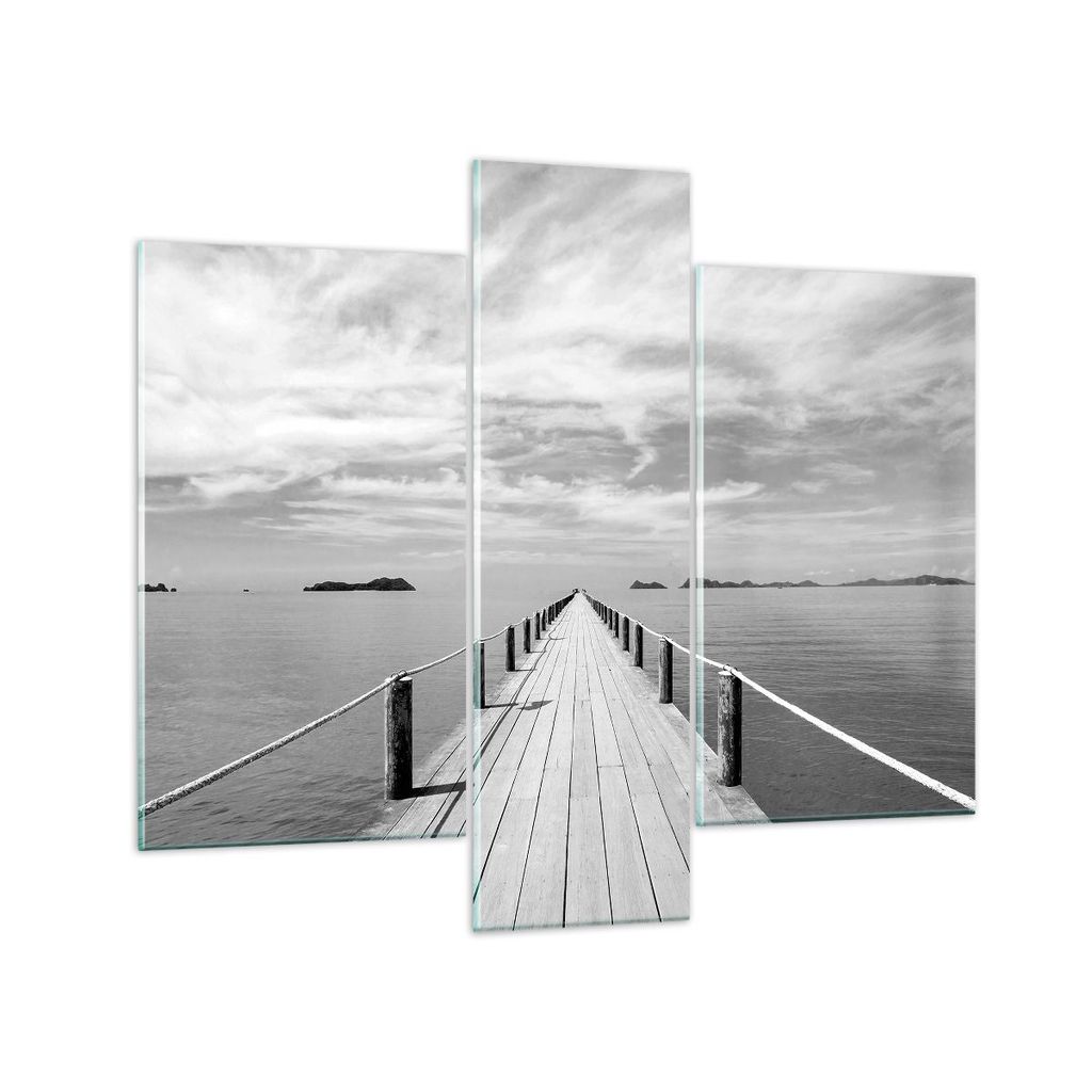 Bilder auf glas - 3 Teile - Holz Brücke Meer - 95x80cm - Glasbilder - Wandbilder - Bilder - zum Aufhängen bereit - Wanddekoration aus Glas - Glas...