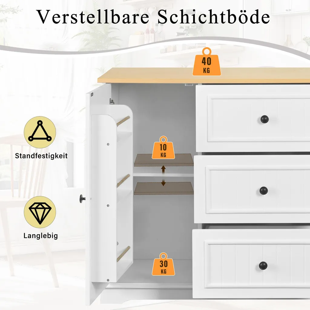 Buffet moderne Merax blanc avec 3 tiroirs et portes style frigo - 7