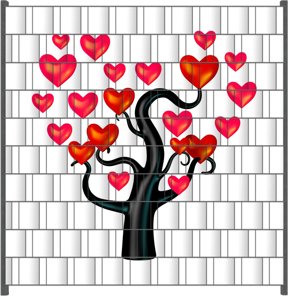 Wallario Zaunsichtschutz mit Motiv Comic Baum mit Herzen für Ein- und Doppelstabmatten Zäune in der Größe 200 x 200 cm