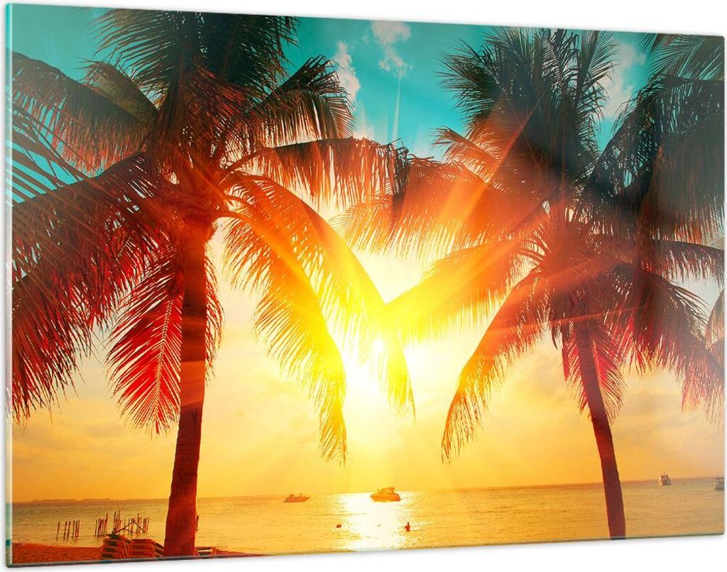 Bilder auf glas - Meer Palme Wasser - 120x80cm - Glasbilder - Wandbilder - Kunstdruck - zum Aufhängen bereit - Wanddekoration aus Glas - Glas Bild...