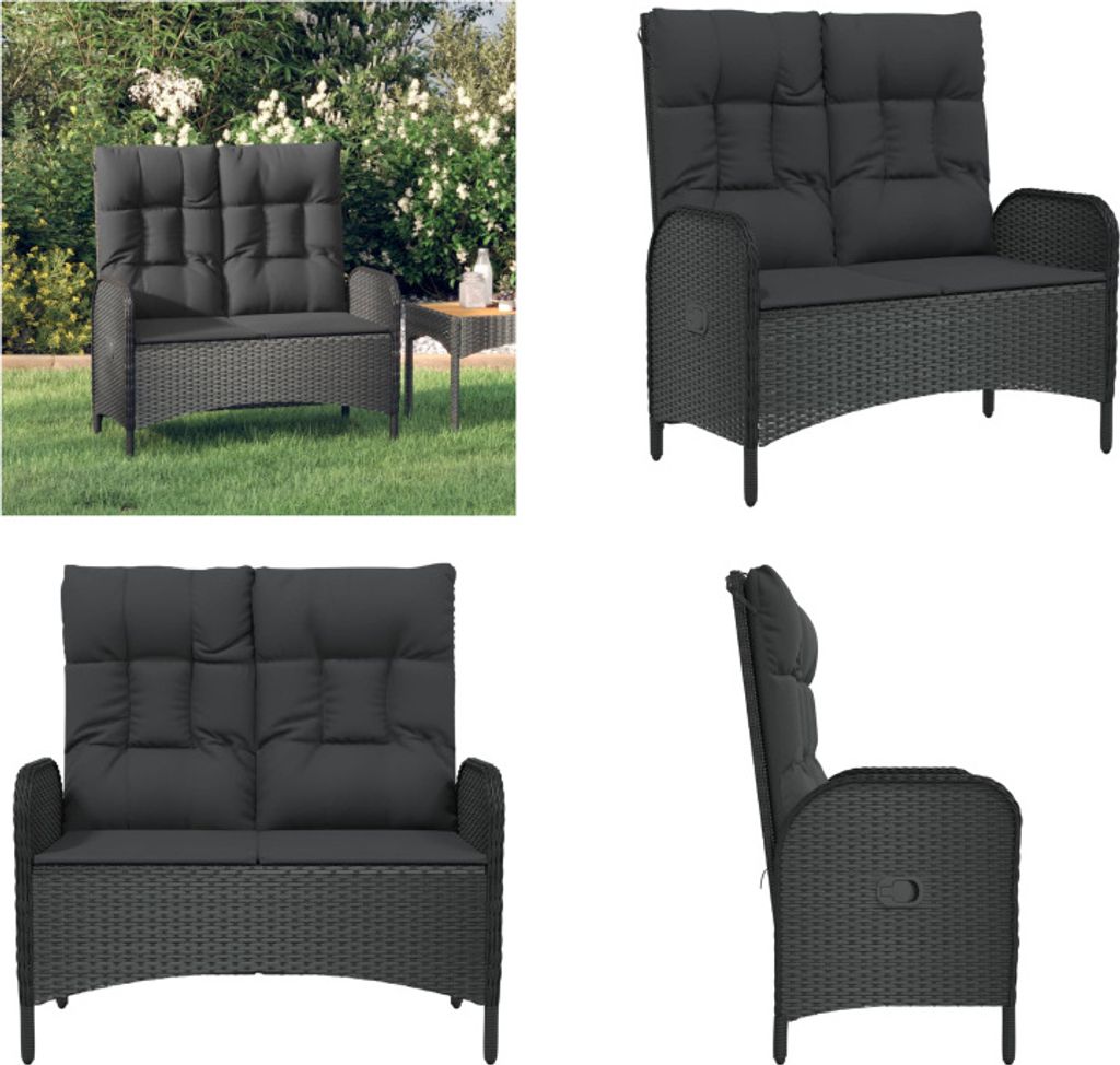 vidaXL Gartenbank mit Liegefunktion & Kissen 107cm Poly Rattan Schwarz - Gartenbank - Gartenbänke - Garten-Relaxbank - Relaxbank