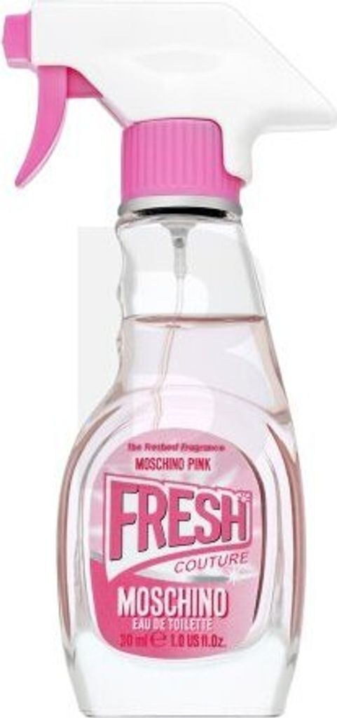 A studio shot of a Moschino Pink Fresh Couture Eau de Toilette bottle.