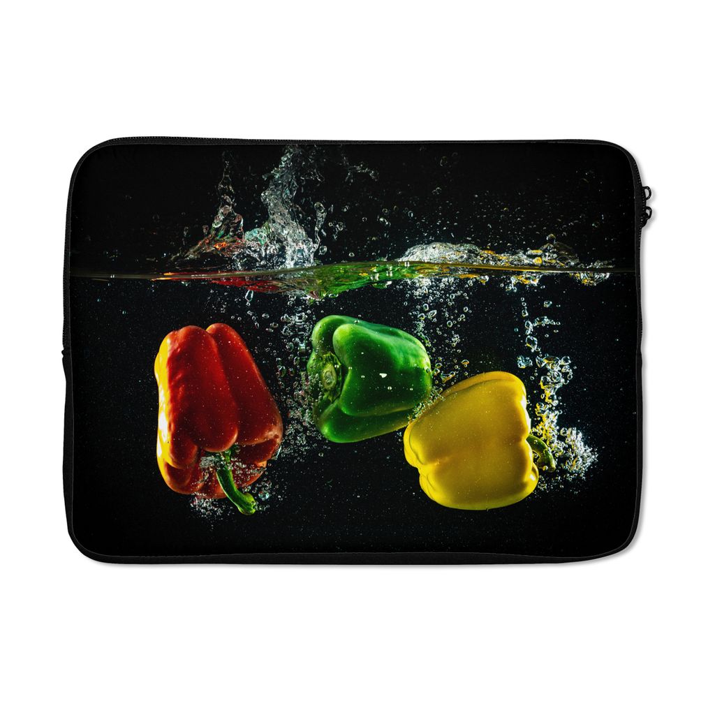 MuchoWow Laptop Hülle 13 Zoll Paprika - Gemüse - Wasser - Schwarz - Rot - Grün - Gelb Laptoptasche - Laptophülle - Sleeve - Rundumschutz