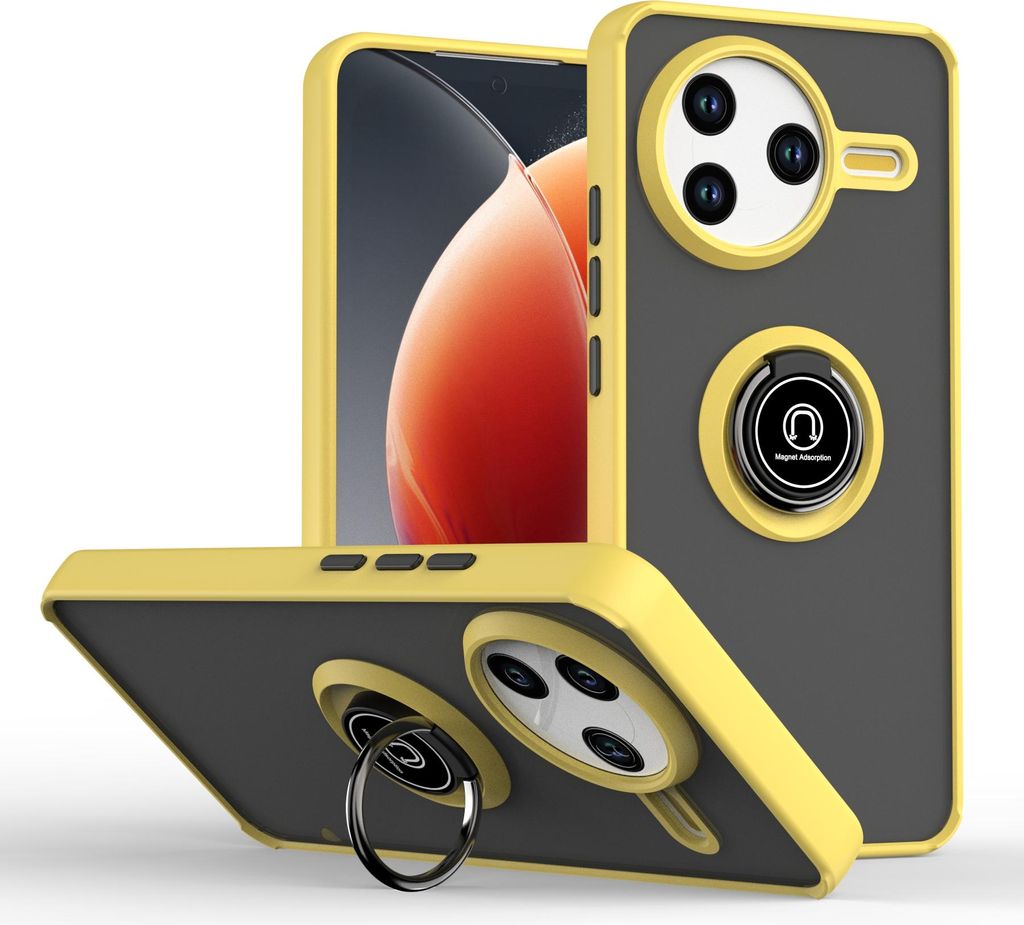Two phone cases are shown, one standing upright and the other lying flat, against a white background. The cases are yellow and gray and feature a camera bump and a ring holder.