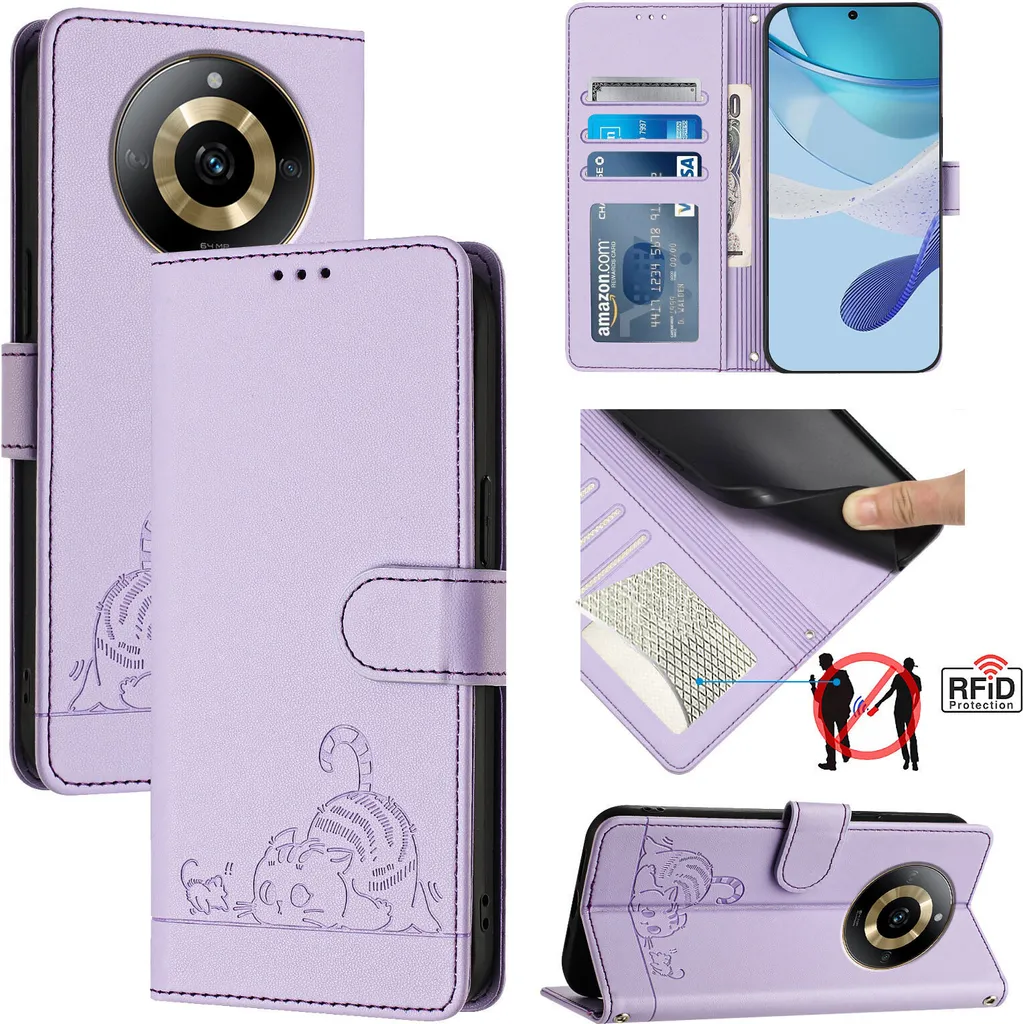 Cover Realme 11 4G Viola Gatto - Custodia Libro in Pelle Elegante