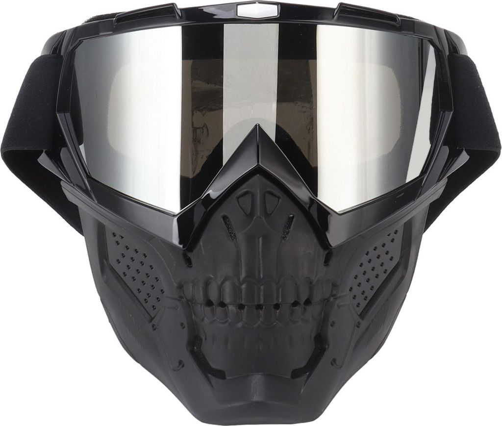 Totenkopf-Schutzbrille, Maske, PC-Schwamm, abnehmbarer, verstellbarer Motorrad-Schutz für Off-Road-Reiten, Wandern, schwarzer Rahmen, silberne Linse