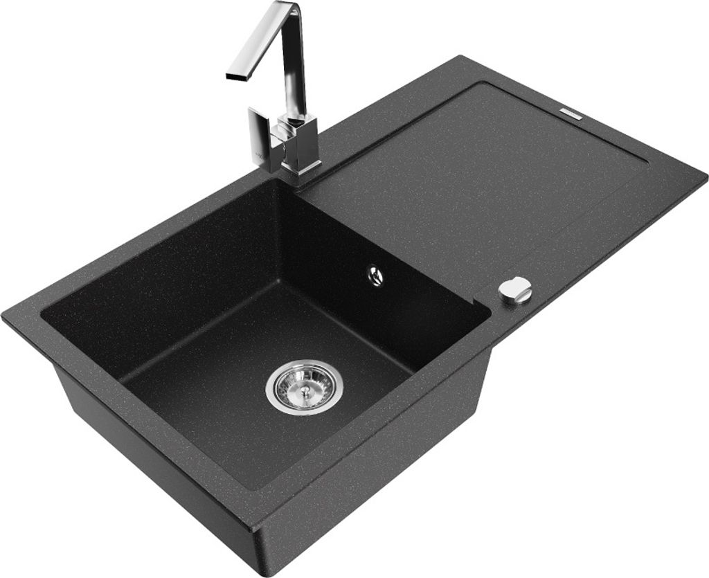 Mexen Leo 1 Becken-Granitspüle mit Abtropffläche und Mischbatterie Rita, Schwarz/Silbermetallic - 6501-73-670300-00