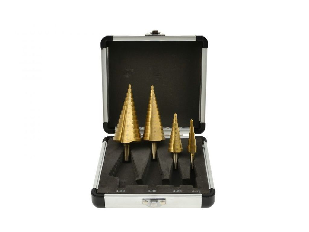HSS TiN Kegelbohrer Set (4-12, 4-20, 4-32, 4-39) in praktischer Aluminiumbox – konische Bohrer für Metall, Stahlbleche und Kunststoffe, präzise...
