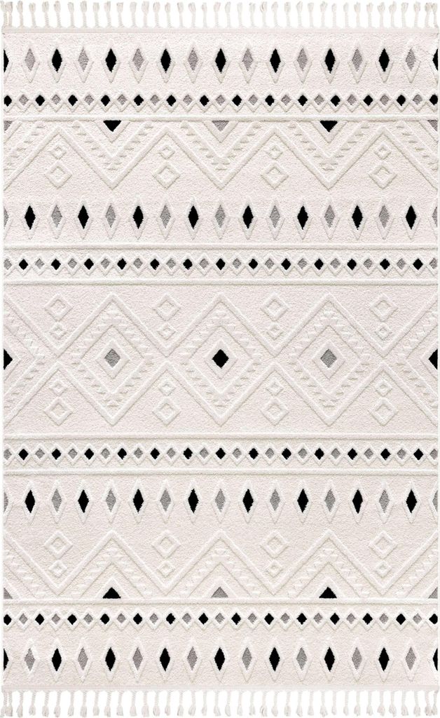 Teppich Kurzflor Skandinavisch Modern Creme Schwarz, 80x150 cm