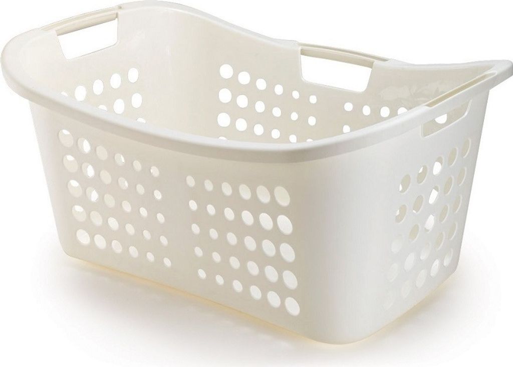 A cream-colored laundry basket with holes.