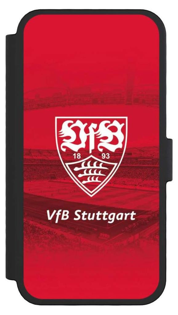NIVOCASE Klapphülle für Apple iPhone 16 Pro Handyhülle aus Kunst Leder NIVOflip schwarz Offizielles Lizenzprodukt Stadion VfB Stuttgart