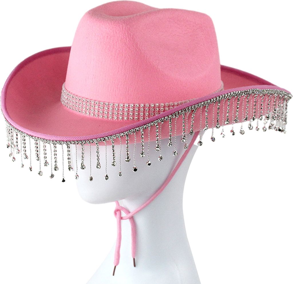 Strass-Cowgirl-Hut im Retro-Western-Stil mit verstellbarer Krawatte, Fransen-Strasshut für Cosplay-Partys-Rosa
