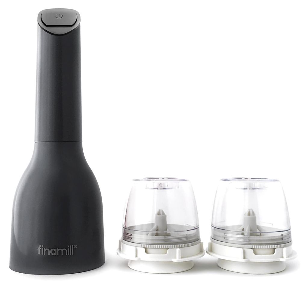 A dark gray electric grinder with a power button on top, and two clear plastic containers with white bases are displayed against a white background.