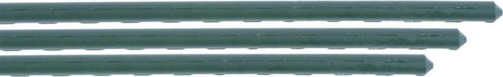 Three green garden stakes are lined up horizontally against a white background.