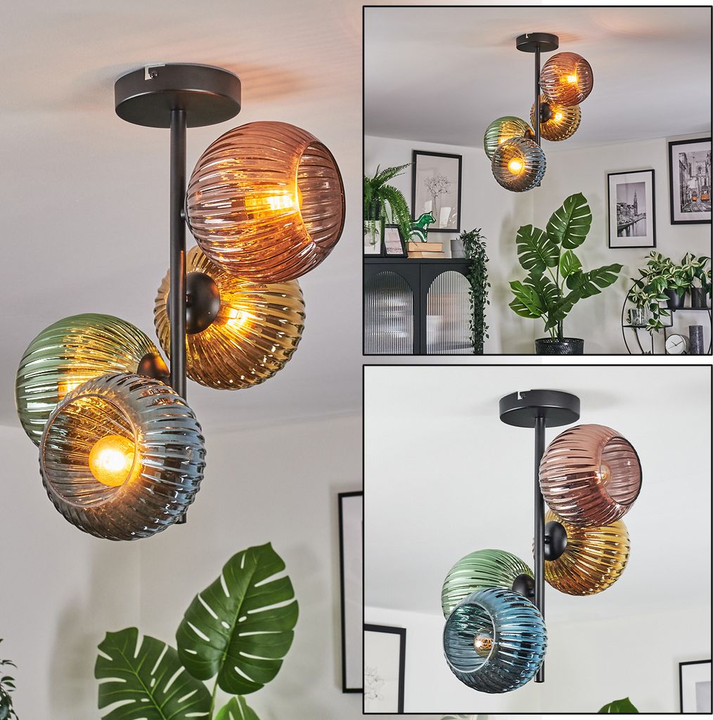 Cesaro Deckenlampe aus Metall/Riffelglas in Schwarz/Blau/Grün/Gold/Kupfer