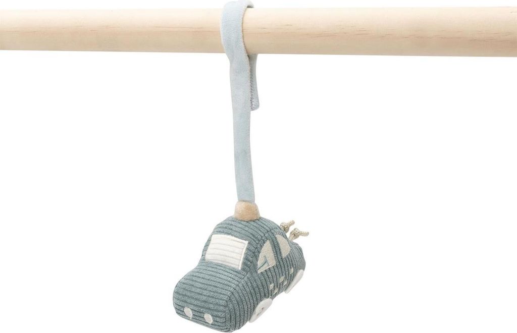 A toy car hanging from a wooden bar.