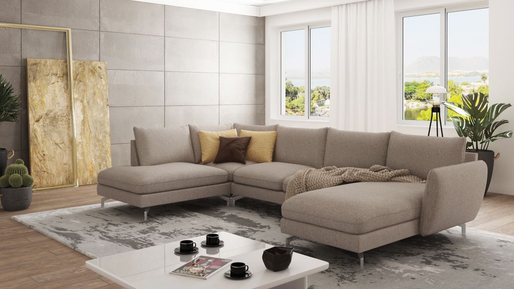 S-STYLE MÖBEL - Frema Wohnlandschaft mit Silber Metall Füßen aus Dunkelbeige Luxusmicrofaser - Ottomane rechts, B/T/H: 336 cm/ 200 cm/ 87 cm