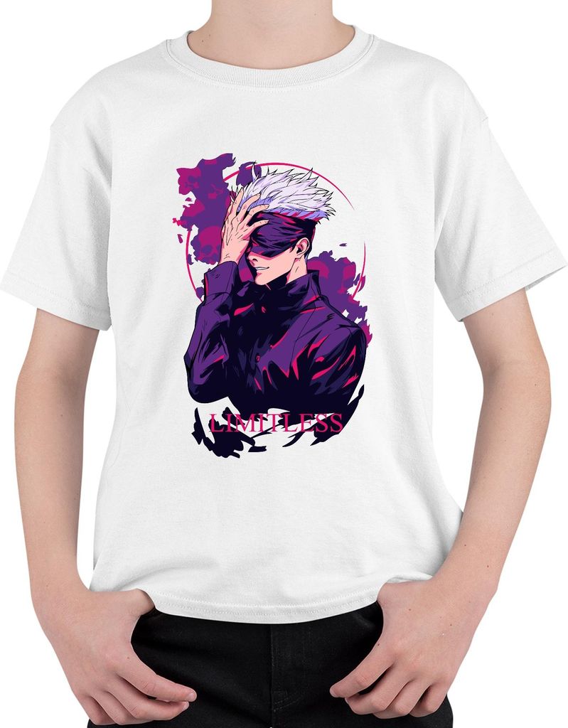 LIMITLESS Anime Augenbinde weißes Haar Manga Fan Geschenk Retro Uni Kinder T-Shirt, Weiß, 104