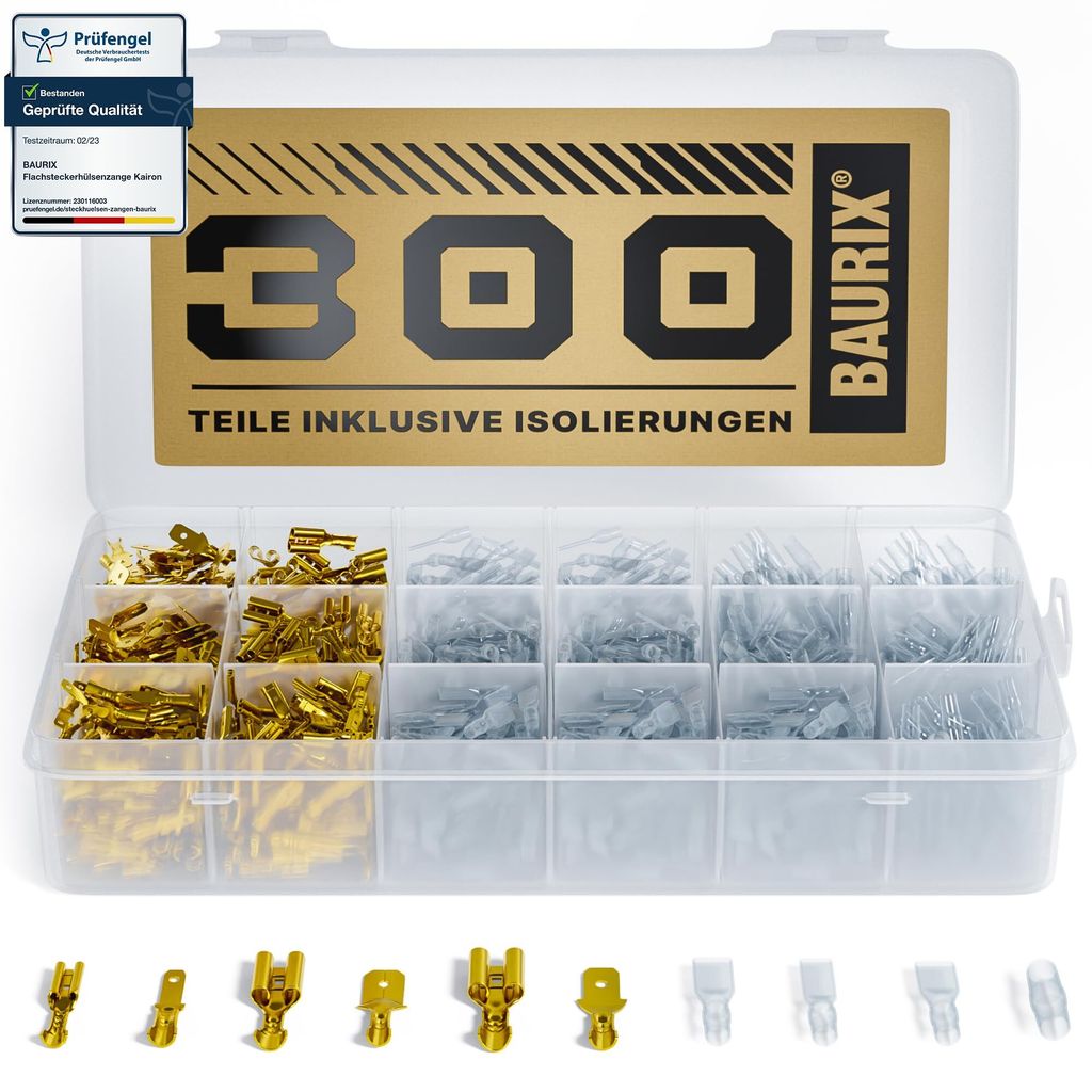 BAURIX Flachsteckhülsen Set 300 Stück I 2,8 mm 4,8 mm 6,3 mm I Steckverbinder Sortiment I Flachstecker Männlich & Weiblich I Isolierte Kabelst...