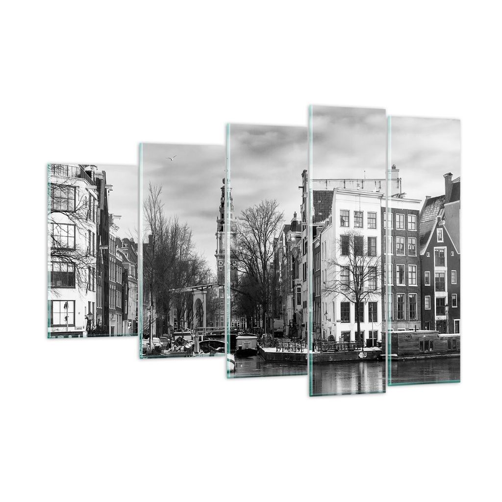 Bilder auf glas - 5 Teile - Schwarzweiß Amsterdam Boote - 150x100cm - Glasbilder - Wandbilder - Bilder - Wanddekoration aus Glas - Glas Bilder - W...