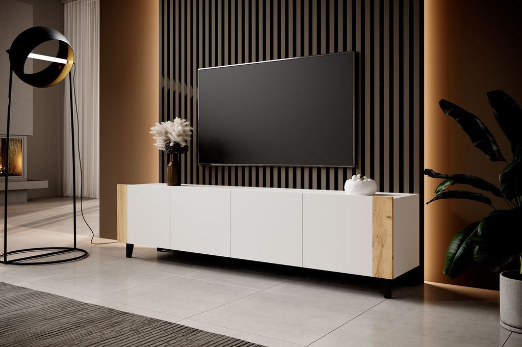 TV Lowboard Fernsehschrank mit 4 Türen TV -Tisch FARO weiß matt / eiche craft 200 x 52 x 42cm