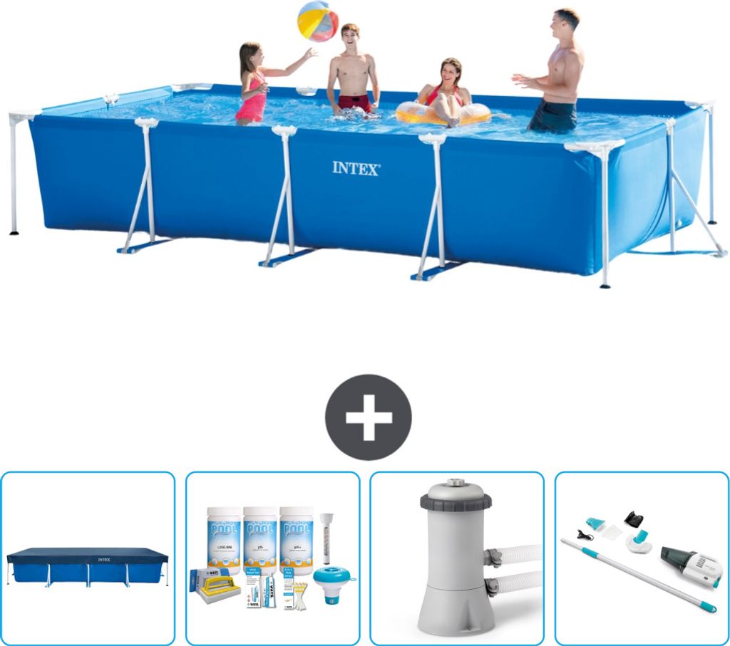 Intex-Schwimmbecken mit rechteckigem Rahmen – 450 x 220 x 84 cm – Blau – im Lieferumfang enthalten Abdeckung - Wartungspaket - Filterpumpe f...