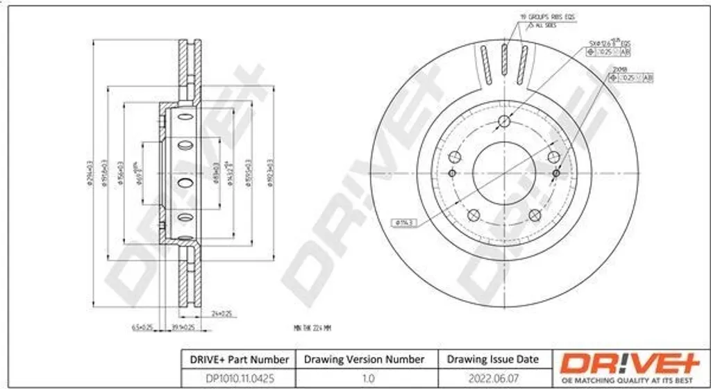 Disque de frein ventilé Dr!ve+ DP1010 haute résistance thermique OE