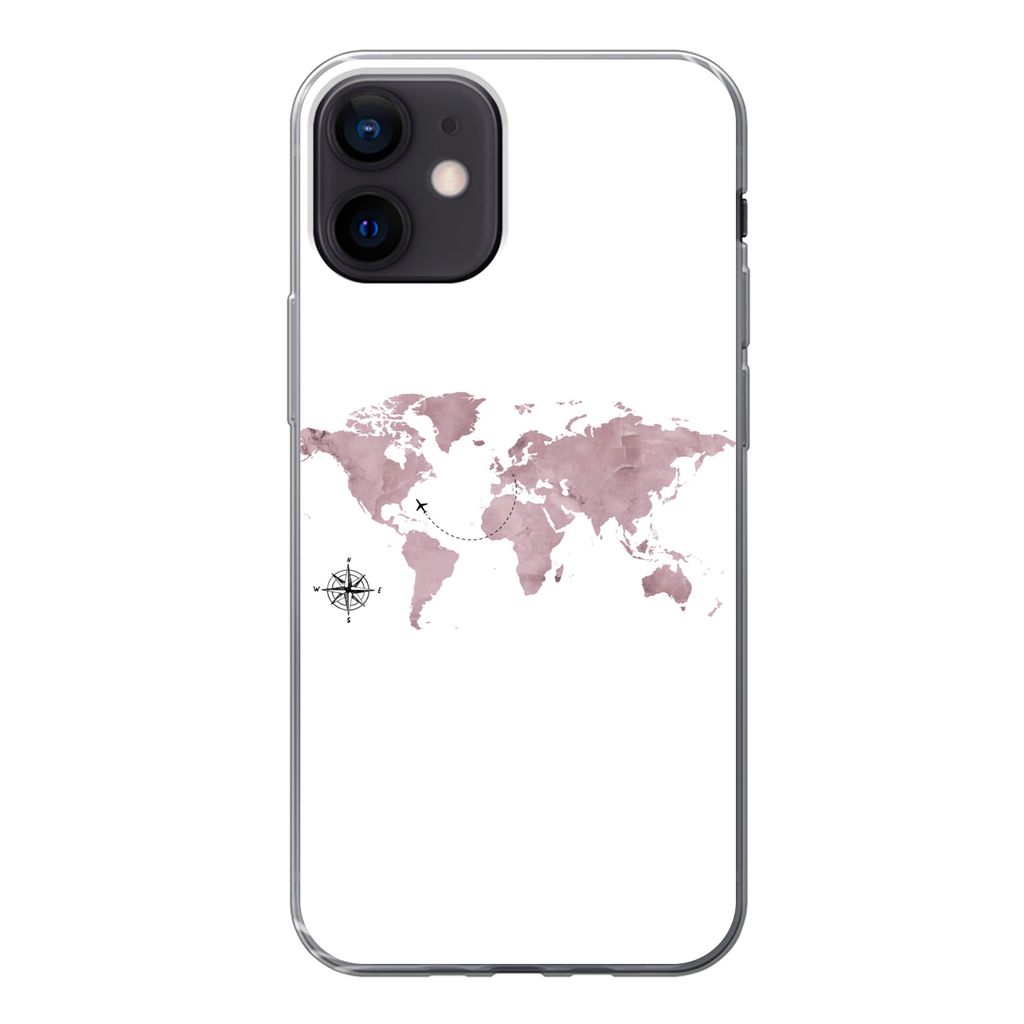 MuchoWow Handyhülle Schutzhülle Hülle für iPhone 12 Weltkarte - Rosa - Flugzeug Silikon Softcase Handy Hülle - Schutzhülle