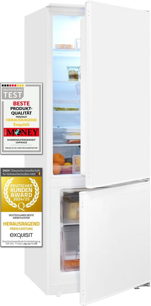 Exquisit Einbau Kühl-Gefrierkombination EKGC225-40-E-080E weiss | Nutzinhalt: 212 L | 4-Sterne-Gefrieren | 145 cm Höhe | Schlepptürmontage | Ein...