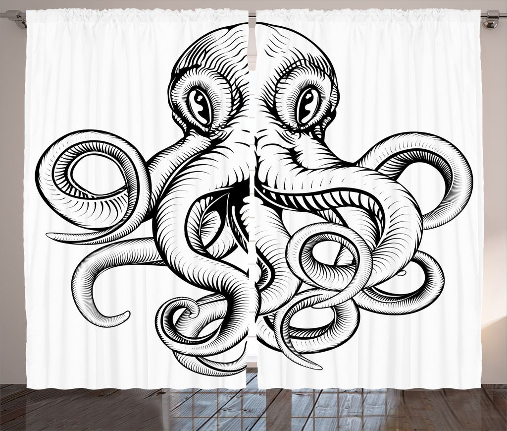 ABAKUHAUS Tintenfisch Rustikaler Gardine, Skizze Monochrome Kunst, Schlafzimmer Kräuselband Vorhang mit Schlaufen und Haken, 280 x 225 cm, Braun w...