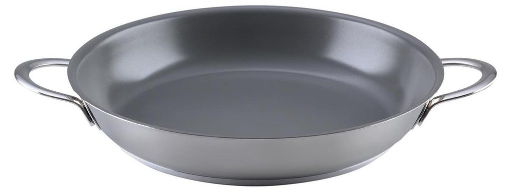 A single frying pan with two handles, shown from a slightly elevated diagonal angle.