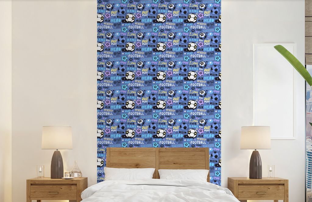 MuchoWow Fototapete für Wohnzimmer oder Schlafzimmer Wandtapete Vinyl Motivtapete Muster - Fußball - Blau - Jungen - Kinder - Kleiner Junge - 1...