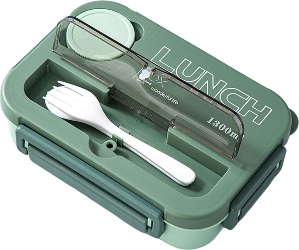 1300 ml Lunchbox mit Gabel und Löffel, 4 Fächer, Bento-Box, auslaufsicher, BPA-frei, wiederverwendbar, Vorratsbehälter für Lebensmittel, für K...
