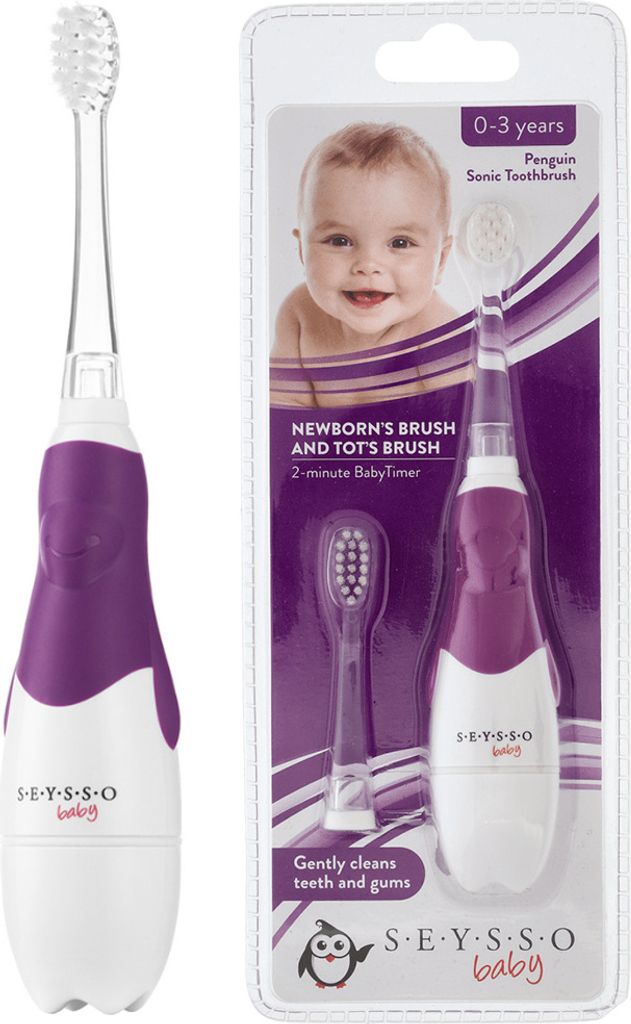 A product shot of a baby toothbrush in its packaging, alongside a separate toothbrush.