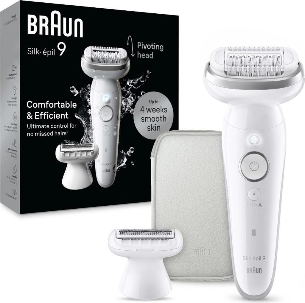 A white Braun Silk-épil 9 epilator is shown with its accessories and packaging.