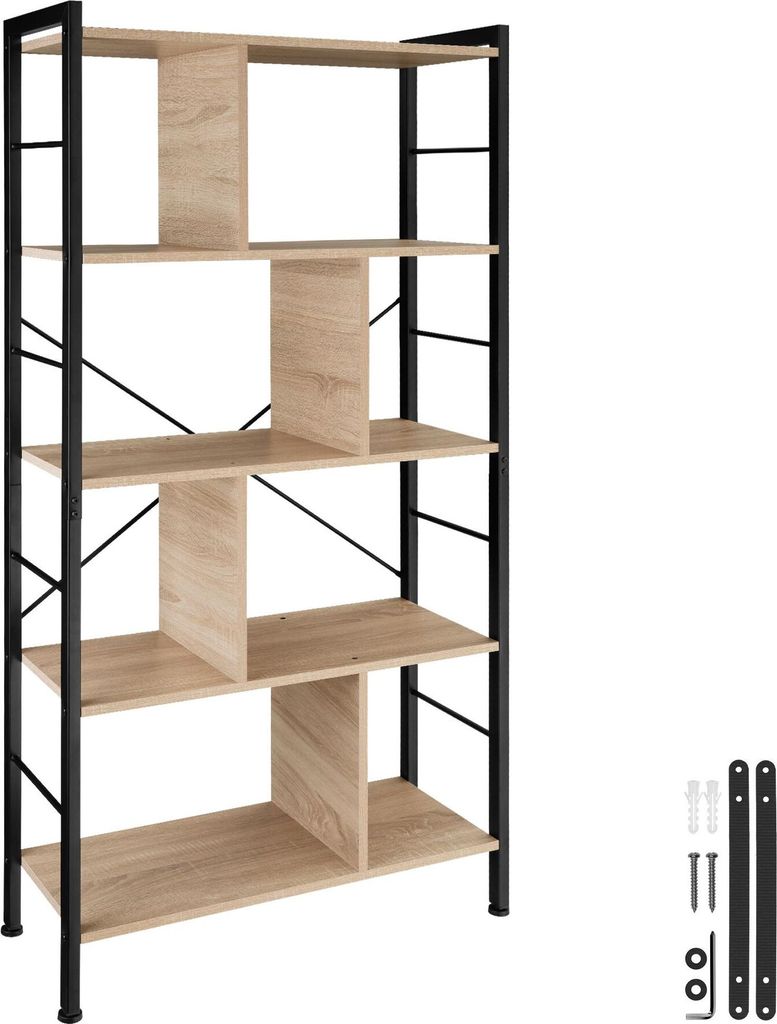 A tall, multi-shelf bookcase with a wood-grain finish and black metal frame, shown against a white background. Small hardware pieces are visible in the bottom right corner.
