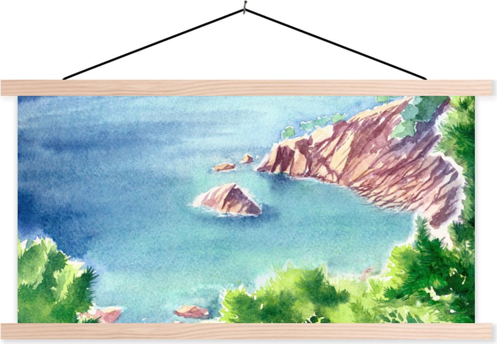 MuchoWow Textilposter Meer - Berge - Wald 60x30 cm mit holzfarbenen Rahmen - Dekoration