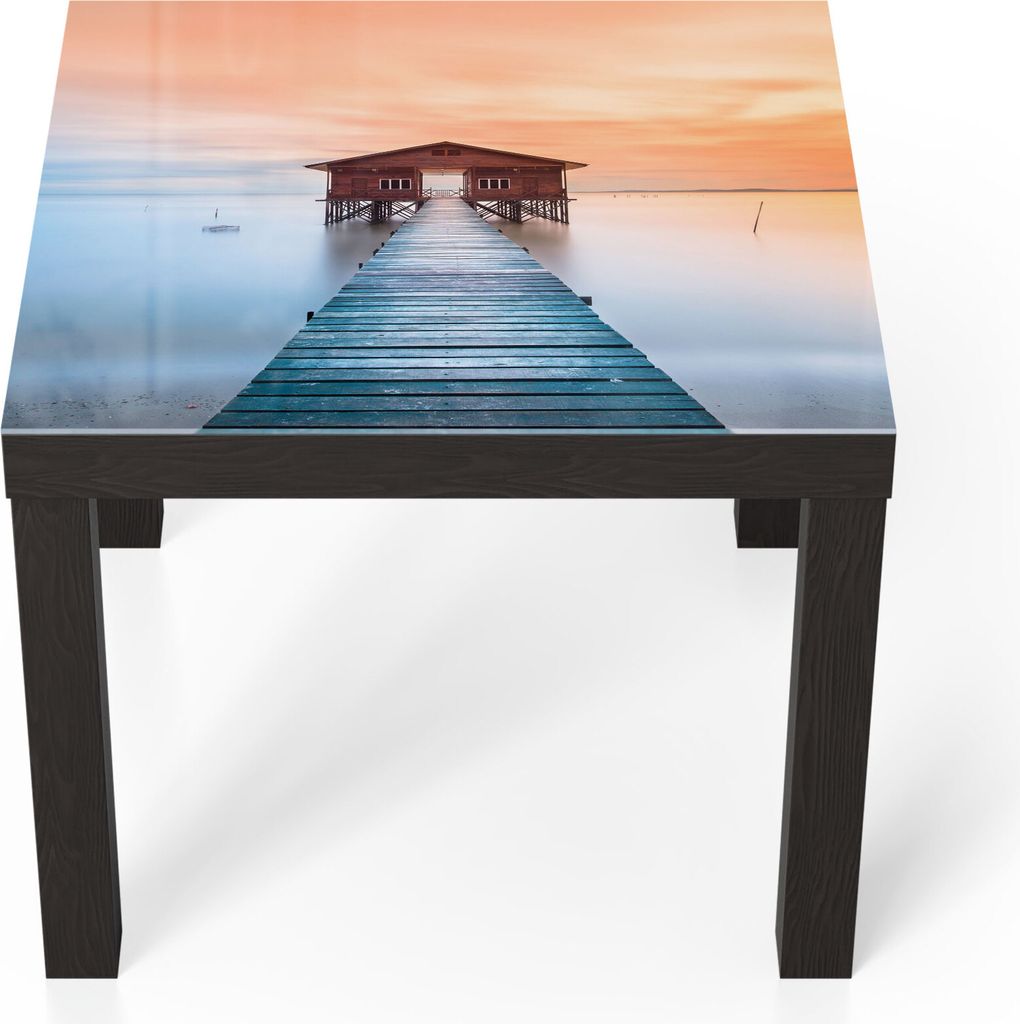 DEQORI Couchtisch 55x55 cm Schwarz 'Holzsteg mit Hütte' Glas Beistelltisch