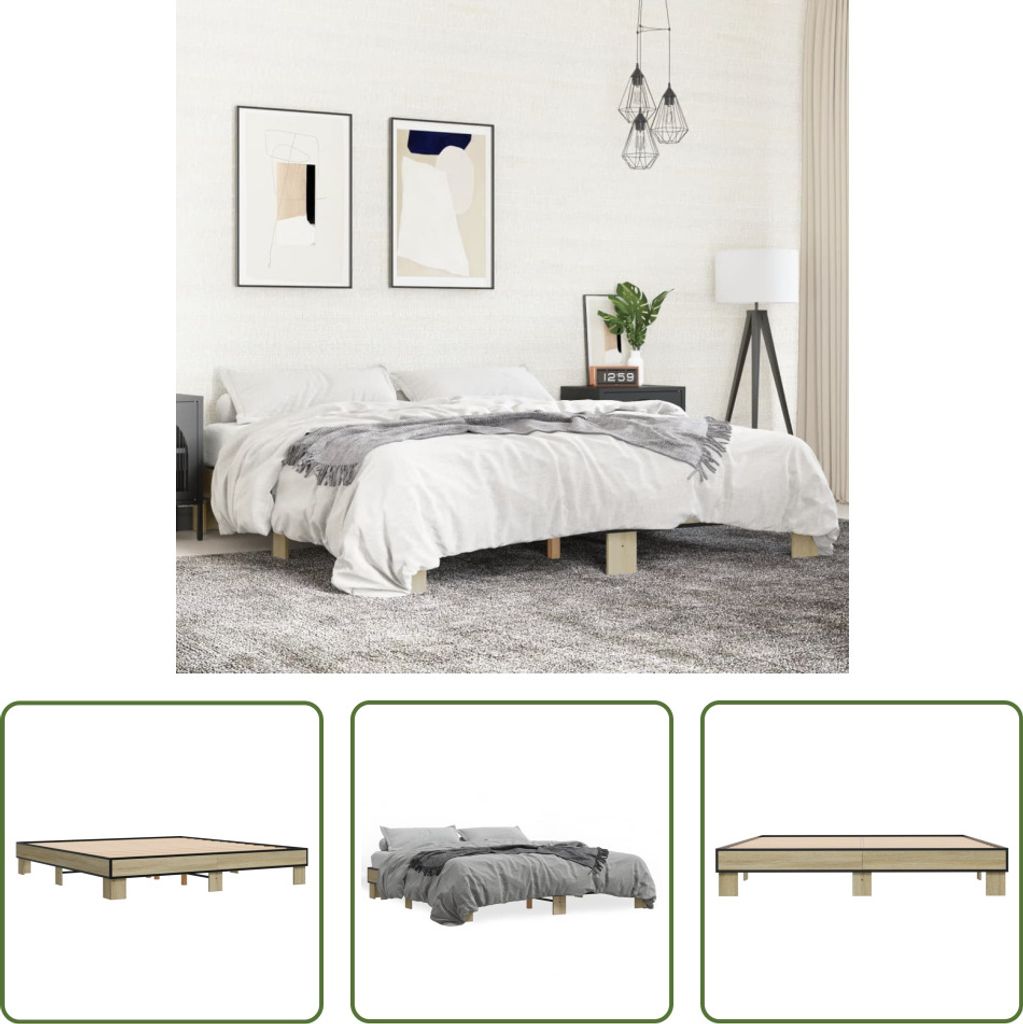 The Living Store Bettgestell Sonoma-Eiche 200x200 cm Holzwerkstoff und Metall