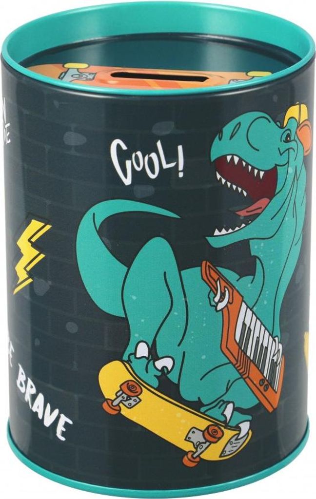 Metalowa skarbonka okrągła Skate Dino