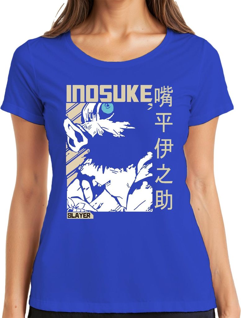 Inosuke Demon Slayer Wildschweinmaske Anime Fan Geschenk Japan Y2K Streetwear Damen T-Shirt, Blau, 3XL
