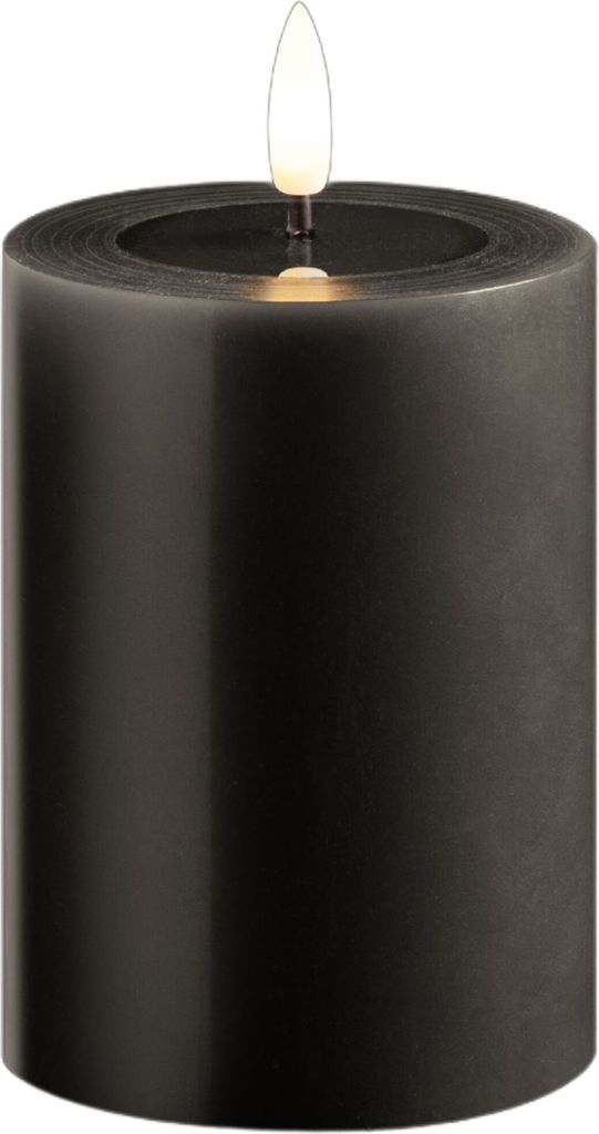 Kleine LED Stumpenkerze mit Timer grau 7,5cm ø, 10cm H, Echtwachspiegel ON/OFF-Timer 6H, 2 AA Batterien nötig LED Echtwachskerze mit Flackereffek...